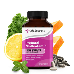 LifeSeasons prenatal multivitamin bottle with fruits and vegetables on a white background