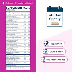 LifeSeasons Prenatal Multivitamin supplement facts and packaging details on a white background.