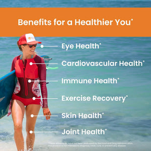 Woman in swimsuit with surfboard on beach, benefits listed for a healthier you.