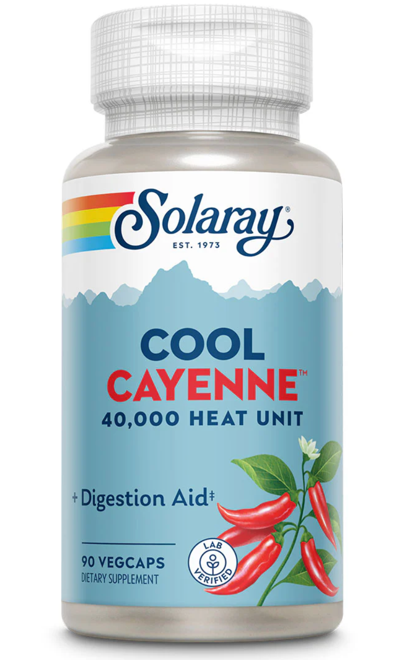 Solaray Cool Cayenne supplement bottle on a white background