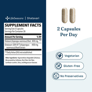 LifeSeasons Shatavari supplement facts label alongside two beige capsules, with text stating 2 capsules per day and icons for vegetarian, gluten-free, and no preservatives.