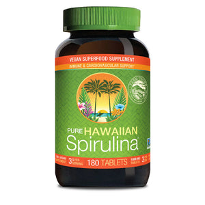 Bottle of Pure Hawaiian Spirulina supplement on a white background