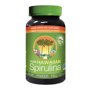 Bottle of Pure Hawaiian Spirulina powder with green label and black body on a white background