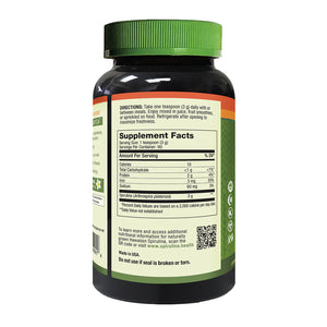 Supplement bottle with green cap and label on a white background