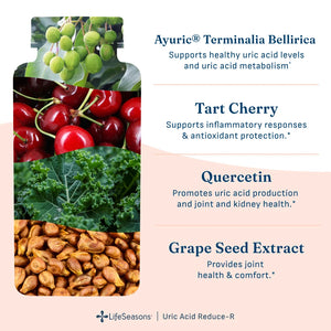A product information graphic for LifeSeasons Uric Acid Reduce-R supplement. On the left is a stylized bottle outline filled with a collage of ingredients: green bellerica grapes, red tart cherries, green kale leaves, and brown grape seed extract.