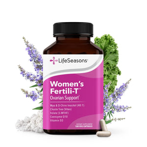 LifeSeasons Women's Fertili-T supplement bottle with lavender and kale on a white background