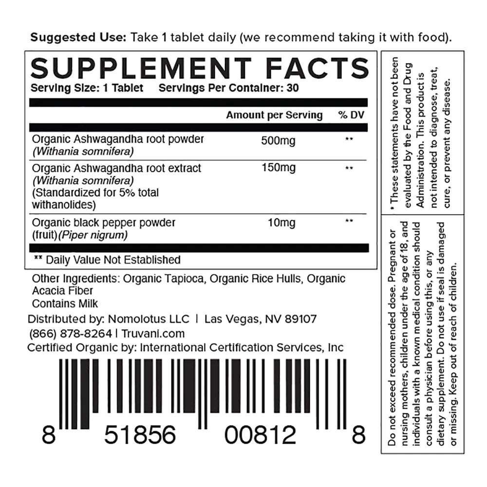 Organic Ashwagandha Tablets-Truvani- 30 tablets