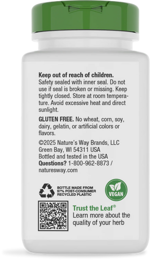 Back label of a supplement bottle with text and branding details.