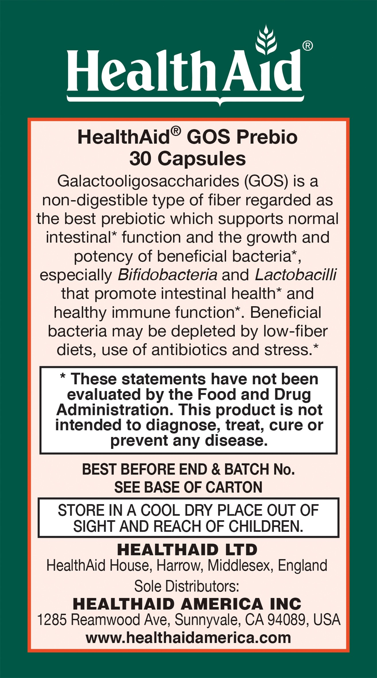 GOS 500mg Prebiotic - HealthAid - 30 capsules