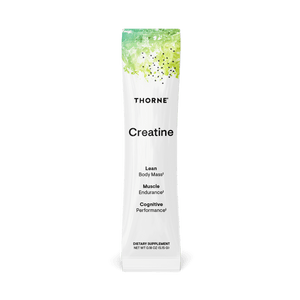 Thorne Creatine supplement package on a black background