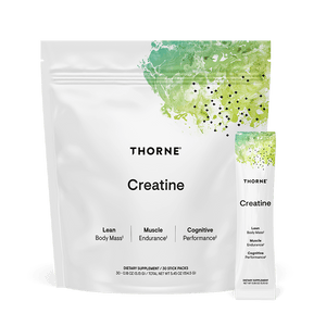 Thorne Creatine supplement packaging with green and white design on a black background