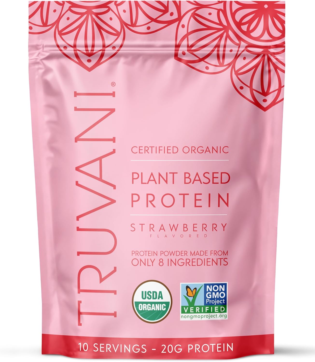 Pink package of Truvani certified organic plant-based protein powder with strawberry flavor on a white background
