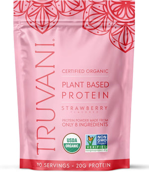 Pink package of Truvani certified organic plant-based protein powder with strawberry flavor on a white background
