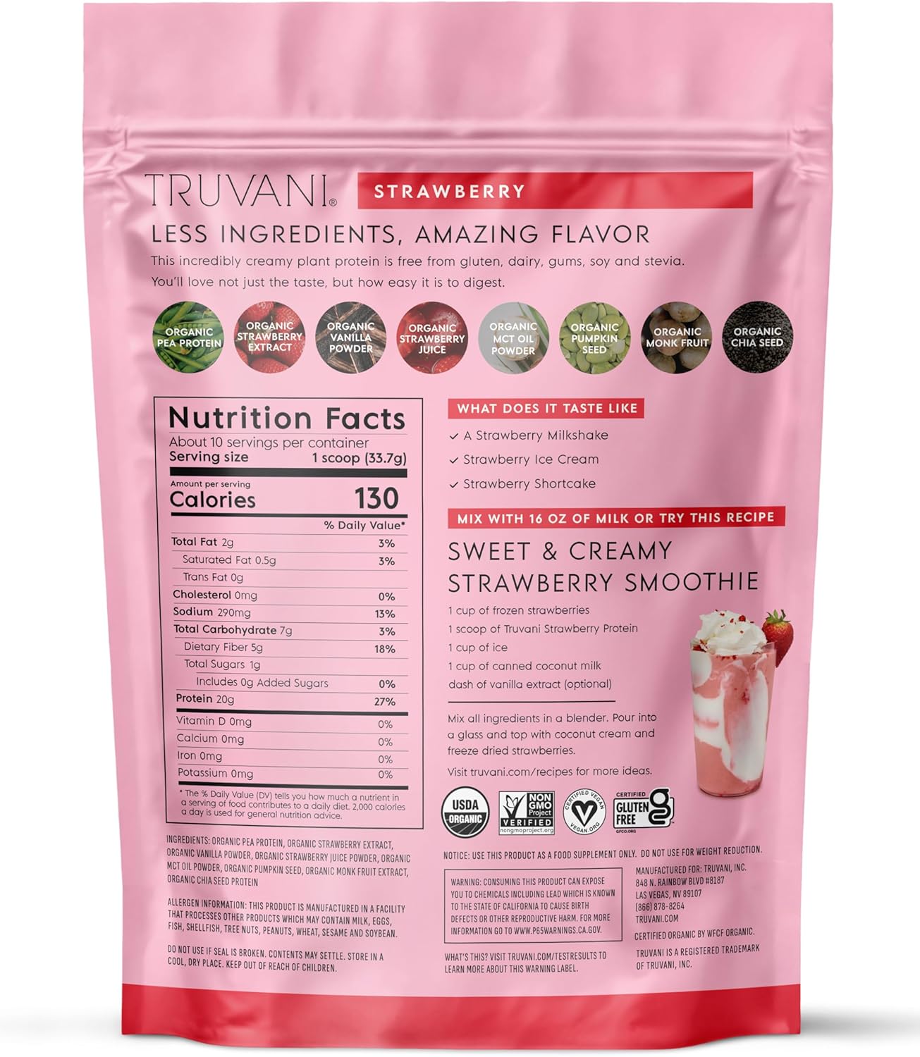 Pink package of Truvani certified organic plant-based protein powder with strawberry flavor on a white background
