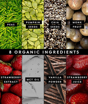Grid of 8 organic ingredients including peas, pumpkin seeds, chia seeds, monk fruit, strawberry extract, MCT oil, vanilla powder, and strawberry juice.
