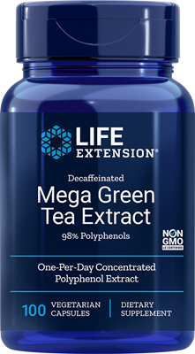 A bottle of Life Extension Decaffeinated Mega Green Tea Extract