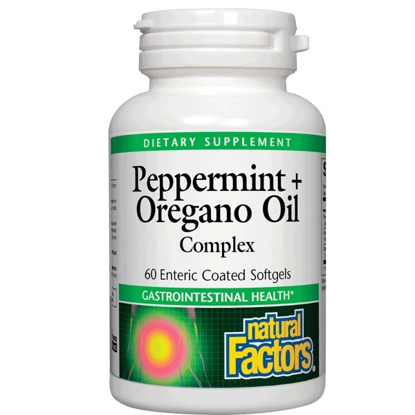 A bottle of Natural Factors Peppermint & Oregano Oil Complex