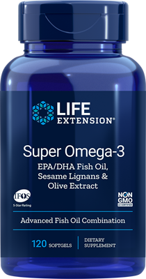 A bottle of Life Extension Super Omega-3 EPA/DHA with Sesame Lignans & Olive Extract