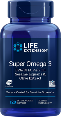 A bottle of Life Extension Super Omega-3 EPA/DHA with Sesame Lignans & Olive Extract Enteric Coated Softgels