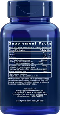 A bottle of Life Extension Super Omega-3 EPA/DHA with Sesame Lignans & Olive Extract Enteric Coated Softgels