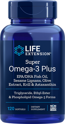 A bottle of Life Extension Super Omega-3 Plus EPA/DHA with Sesame Lignans, Olive Extract, Krill & Astaxanthin