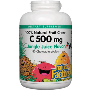 A bottle of Natural Factors Vitamin C 500 mg 100% Natural Fruit Chew Jungle Juice