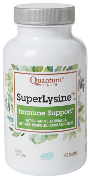 A bottle of Quantum Health Super Lysine+® Tablets