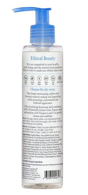 Back of bottle with additional information for Derma E Hydrating Gentle Cleanser with Hyaluronic Acid