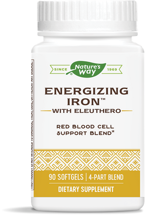 A bottle of Nature's Way Energizing Iron™ with Eleuthero 90 softgels
