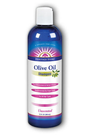 A bottle of Heritage Store Olive Oil Shampoo, Unscented 12 oz