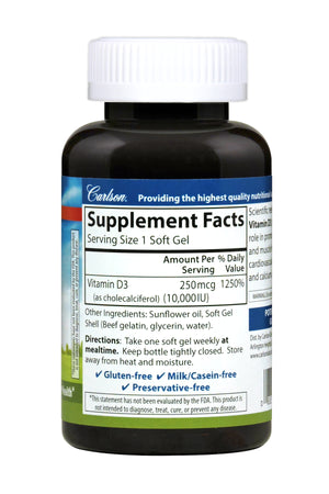 Back of bottle with Supplemental Facts for Carlson Vitamin D3 10 000 IU
