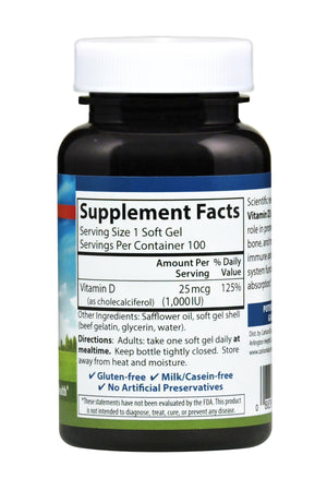 Back of bottle with supplemental facts for Carlson Vitamin D3 1000 IU
