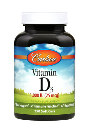 A bottle of Carlson Vitamin D3 1000 IU