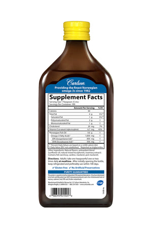 Back of bottle of Supplemental Facts for Carlson The Very Finest Fish Oil™ Liquid Lemon