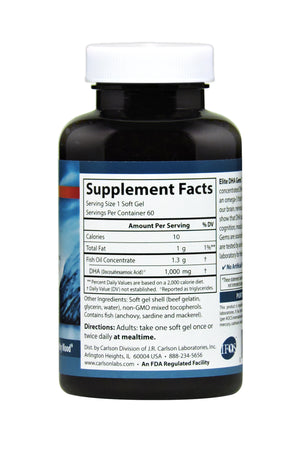 Back of bottle with supplemental facts for Carlson Elite DHA Gems