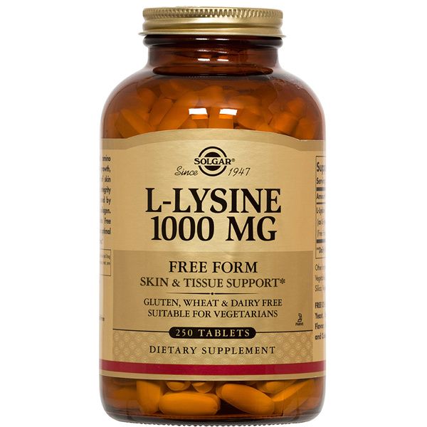 A bottle of Solgar L-Lysine 1000 mg