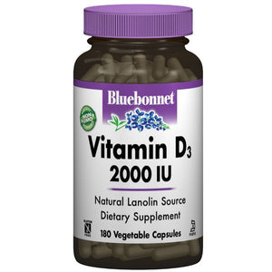 A bottle of Bluebonnet Vitamin D3 2000 IU Capsules