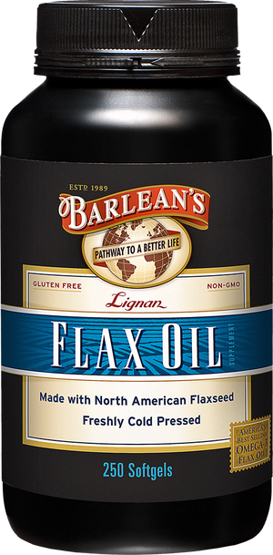 A bottle of Barleans Lignan Flax Oil
