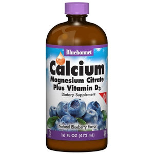 A bottle of Bluebonnet Liquid Calcium Magnesium Citrate Plus Vitamin D3 - Blueberry