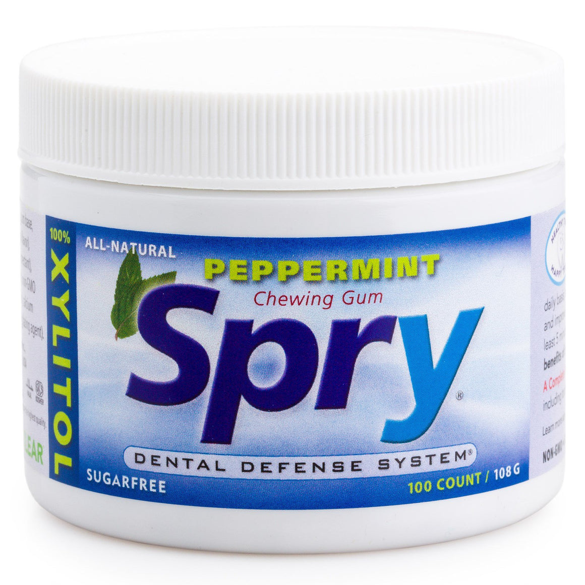 A jar of Spry Chewing Gum Peppermint With Xylitol
