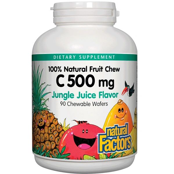 A bottle of Natural Factors Vitamin C 500 mg 100% Natural Fruit Chew Jungle Juice