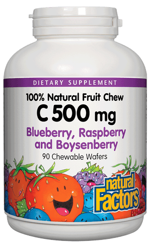 A bottle of Natural Factors Vitamin C 500 mg Natural Fruit Chews Blueberry, Raspberry & Boysenberry
