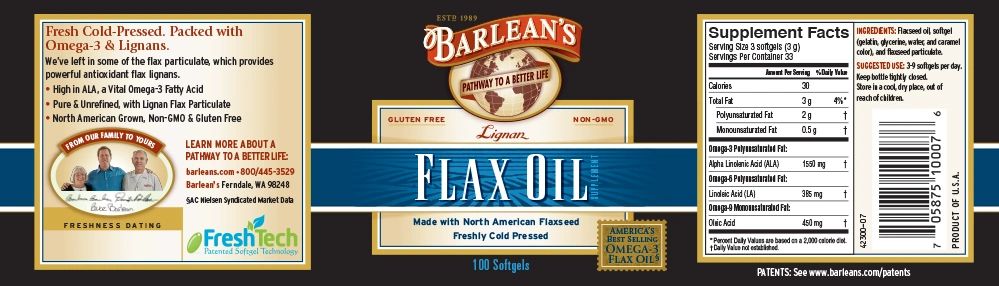 A bottle of Barleans Lignan Flax Oil