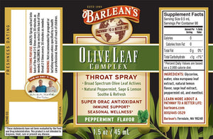 Label with supplemental facts and additional info for Barleans Olive Leaf Complex Throat Spray