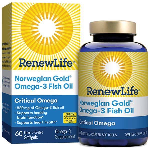 A package and bottle of Renew Life Norwegian Gold® Critical Omega