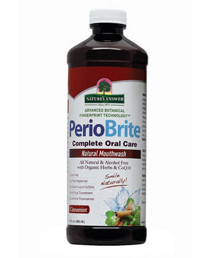 A bottle of Nature's Answer PerioBrite Mouthwash Alcohol-Free Cinnamint