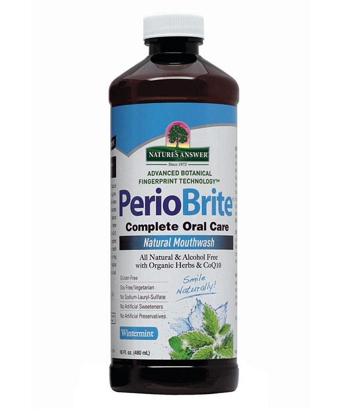 A bottle of Nature's Answer PerioBrite Mouthwash Alcohol Free Wintermint