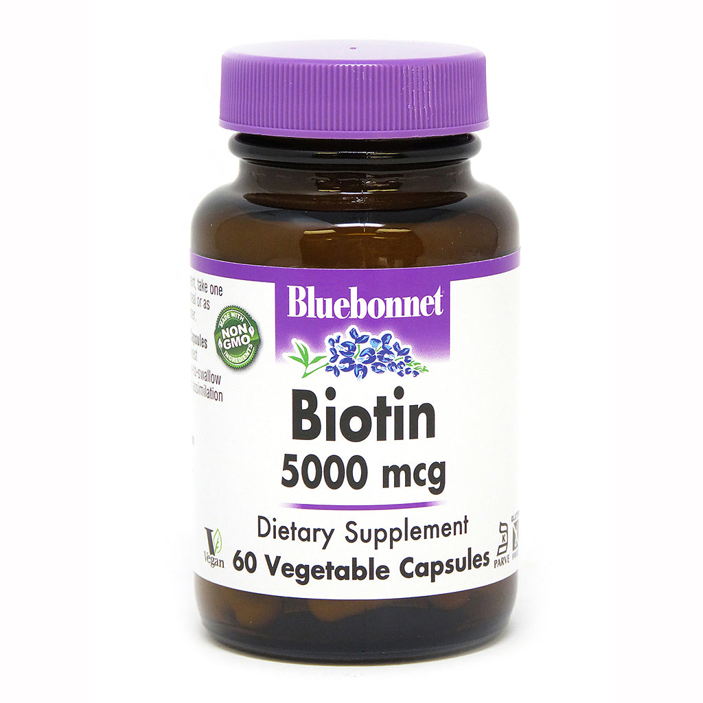 A bottle of Bluebonnet Biotin 5000 mcg