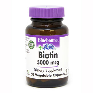 A bottle of Bluebonnet Biotin 5000 mcg