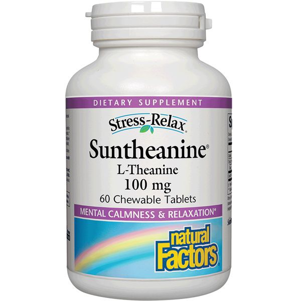 A bottle of Natural Factors Stress-Relax® Suntheanine® L-Theanine 100 mg Chewable
